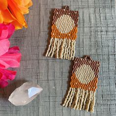 Inspired by beautiful handwoven Oaxacan rugs. Traditional Brown Beaded Fringe Earrings, Artisan Handwoven Beaded Dangle Earrings, Traditional Brown Handwoven Beaded Earrings, Traditional Brown Handwoven Earrings, Traditional Handwoven Brown Earrings, Handwoven Orange Bohemian Earrings, Artisan Handwoven Orange Earrings, Artisan Orange Handwoven Earrings, Oaxacan Rugs