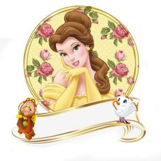 the beauty and the beast character is holding up a banner with an image of princess on it