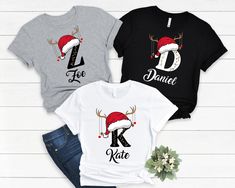 Celebrate the festive season in style with our Christmas Custom Name Matching Shirt! Perfect for family gatherings or as a thoughtful gift, these monogrammed Family Christmas T-shirts add a personal touch to your celebrations. Personalized Couple Holiday Shirts, Cute Christmas Name Shirt, Christmas Gift Tee, Christmas Shirt, Custom Christmas Tee, Custom Family Shirts, Custom Name Shirt, Custom Name Tee, Custom Xmas Name Tee, Custom Group Shirt, Christmas Squad Tee, Name initial Shirt, Christmas Couple Tee, Personalized Name Shirt 👉 Product Details: The T-Shirts, V-Necks, youth and baby suits(onesie) are unisex.👈 👉Reading the Sizing Chart: Please note that the sizing chart includes the measurements of one side of the shirt, not the circumference. 👈 👉Please review all the sizing charts Name Matching, Couple Holiday, Xmas Couple, Couples Holiday, Tshirt Custom, Christmas Names, Xmas Tees, Couple Tees, Christmas Custom