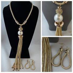 Beautiful Statement Long Necklace Set Adjustable White Metal Chain Necklace, Chic White Metal Chain Necklace, Chic White Metal Necklace, White Metal Dangle Necklaces, White Metal Long Necklace, White Long Metal Necklace, Chic White Metal Jewelry, Multi Layer Necklace Beads, Black Gold Necklace