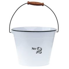 a white bucket with a wooden handle and no 2 logo on the side, isolated against a white background