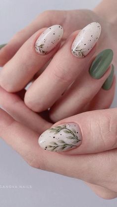 Nail Zhelish Idea, Nails Uv Gel Design, Navy Blue Gel Nails Design Short, Short Gel Nails Spring 2023, Simple Plant Nails, Beltane Nails, Folklore Inspired Nails, Monstera Nail Art, Nature Themed Nails