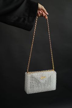 Luxury Clear Rectangular Bag, White Beaded Bag, Chic Crystal Evening Bag For Weddings, Luxury White Square Evening Bag, White Embellished Rectangular Bag, White Embellished Rectangular Bags, Elegant White Square Evening Bag, Silver Bags With Pearl Embroidery In Rectangular Shape, Elegant White Shoulder Bag With Pearl Embroidery