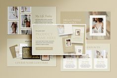 an assortment of brochures, flyers and postcards on a beige background with gold accents