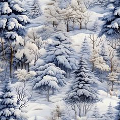 a painting of snow covered trees and bushes