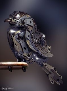 a mechanical bird sitting on top of a piece of metal art that is attached to a skateboard