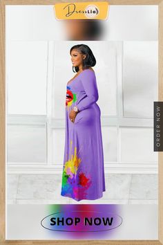 Autumn V Neck Long Sleeve Loose Maxi Dresses Purple Long Sleeve Maxi Dress For Spring, Casual Purple Maxi Dress For Fall, Long Sleeve Purple Maxi Dress For Fall, Purple Long Sleeve Non-stretch Dress, Casual Purple Maxi Dress For Party, Multicolor Long Sleeve Non-stretch Dress, Multicolor Non-stretch Long Sleeve Dress, Loose Maxi Dress, 1 Million