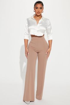 Available In Taupe. Petite: 32" Inseam High Rise Pintuck Front Hidden Back Zipper Stretch 95% Polyester 5% Spandex Imported | Petite Victoria High Waisted Dress Pants in Taupe size 3X by Fashion Nova Dress Like A Business Woman, Fashion Nova Office Wear, Gender Neutral Professional Attire, Pants For Inverted Triangle Shape, Wide Leg Khaki Pants Outfit Work, Black Business Casual Outfits For Women, Tall Women Fashion 6 Foot, Modest Fashion Pants, Office Attire Women Plus Size