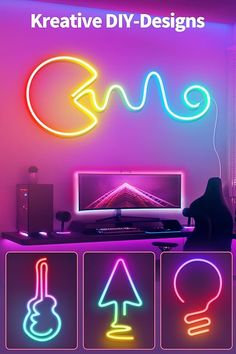 neon signs are displayed in front of a computer monitor and keyboard on a desk with the words creative diy designs above it