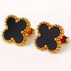 Four-Leaf Clover Design Stud Earrings Elegant Minimalist Style Stainless Steel 14k Gold Plated Jewelry Female Gift. Elegant Black Stainless Steel Jewelry, Minimalist Black Stainless Steel Earrings, Gold Minimalist Earrings With Black Enamel, Black Stainless Steel Earrings For Gift, Black Tarnish Resistant Metal Earrings, Black Metal Tarnish Resistant Earrings, Black Tarnish-resistant Metal Earrings, 14k Gold Plated Jewelry, Crystal Pearl Earrings