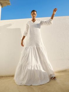 Introducing our Penda Dress in Banel Blanc, a stunning addition to our collection crafted from 100% cotton lace. Fully lined with elasticized long sleeves, this maxi dress exudes elegance and comfort, making it the perfect choice for your spring wardrobe. New Maxi Dress Fully lined 100% cotton Elasticized long sleeves SIZINGSizes XS to 3XLCAREMachine wash cold with similar colors. Hang dry. Elegant Broderie Anglaise Cotton Lace Dress, Elegant Long Sleeve Dress With Cutwork Hem, Cotton Lace Dress For Daywear, Spring Cotton Lace Day Dresses, Spring Broderie Anglaise Cotton Lace Dress, Cotton Long Sleeve Dresses With Cutwork Hem, Long Sleeve Cotton Dress With Broderie Anglaise, Long Sleeve Cotton Maxi Dress With Chikankari Embroidery, Luxury White Daywear Maxi Dress