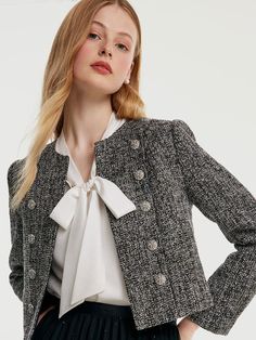 -H-line fit -With sequins -Casual wear This cropped jacket, made with wool blend fabric, offers better warmth. Its tailored, straight, H-shaped silhouette effortlessly enhances your body proportion and creates a flattering look. Additionally, it is conveniently washable and requires minimal maintenance, making it a practical choice for everyday wear.Classic Tweed Cropped Women JacketGoodsNo: 1B9R6E340• Fit Type: Fit• Elastic: Non-elastic• Thickness: ModerateMaterialsShell:73% Polyester12% Acryli Tweed Jacket Outfit, Womens Cropped Jacket, Blazer Designs, Women Jacket, Long Sleeve Short Dress, Designer Shorts, Formal Outfit, Cropped Jacket, Knitted Tank Top