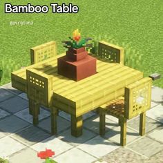 a wooden table with chairs and a potted plant sitting on it's top