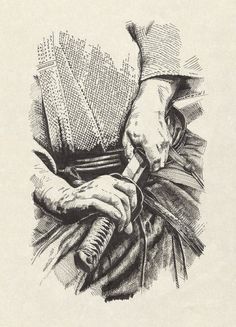 an ink drawing of a person holding a knife