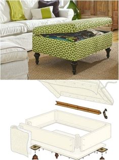 an ottoman and coffee table are shown with the same fabric on it, but different colors