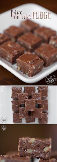 chocolate fudge is cut into squares on a plate