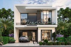 a car is parked in front of a two story house with balconies on the second floor