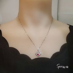 "Tiny square Red Ruby Gemstone Jewelry High Quality unique Artisan design full sterling silver made ◆◆Pendant Main stone:4*6mm created red ruby Pendant Height ( include bail) :22.5mm Pendant Holder (bezel & Bail) : 925 Sterling Silver Accent Stone: Sim Diamond ◆◆ Necklace chain : Platinum gold coated 925 sterling silver Box Chain with length option from 16\" ~20\". The model wearing the default size 18\". 16 inch ≈ 40cm 18 inch ≈ 45cm 20 inch ≈ 50cm ♥ Gemstone Reference Meaning Card included Elegant Red Necklace With Square Pendant, Elegant Red Square Pendant Necklace, Red Gemstone Jewelry With Square Pendant, Red Gemstone Square Pendant Necklaces, Red Gemstone Necklace With Square Pendant, Red Square Pendant Gemstone Jewelry, Red Gemstone Square Pendant Jewelry, Red Gemstone Square Pendant Necklace, Red Square Cut Gemstone Jewelry