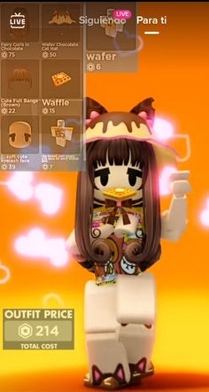 an animated character holding a cup and wearing a cat costume with other items in the background