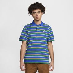 The classic polo design mixes knit pique fabric with a relaxed fit for laid-back comfort—with a collar. Casual Striped Polo Shirt For Golf, Casual Blue Polo Shirt With Ribbed Collar, Blue Casual Polo Shirt With Ribbed Collar, Casual Golf Tops With Striped Collar, Relaxed Fit Casual Polo Shirt, Casual Tops With Striped Collar For Golf, Casual Nike Golf Tops, Nike Casual Short Sleeve Polo Shirt, Casual Nike Cotton Polo Shirt