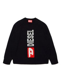 black wool knitted construction intarsia-knit logo round neck short sleeves straight hem Black Cotton Logo Sweater, Diesel Sweater, Black Diesel Top, Black Long Sleeve Sweater With Logo Detail, Diesel Long Sleeve Shirts, Knit Logo, Dress With Jean Jacket, Gucci Kids, Baby Boy Accessories