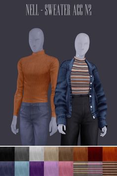 two mannequins wearing different colored sweaters and jeans, with the text nell - sweater age no 2