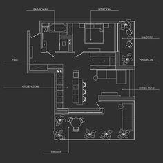 an architectural drawing of a living room and kitchen area with the floor plan drawn out