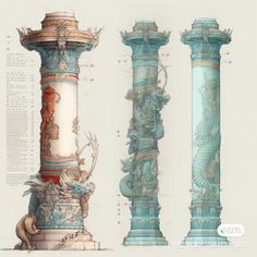 three different types of columns with dragon designs on them, all in blue and white