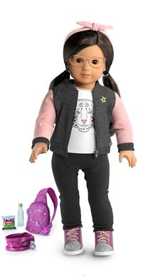 an american girl doll with glasses and backpack