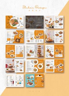 an orange and white brochure is shown with many different items on it, including food