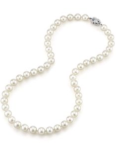 This beautiful Akoya pearl necklace ranges between 8.0-8.5mm in size and consists of pearls with an 'excellent' grade luster and clean surface. Our AA+ quality meets The Pearl Source's stringent standards for high quality pearls and are offered at a very affordable price. All pearls in this necklace are round and are strung with silk thread and double-knotted between each pearl. This necklace comes standard with a beautiful 14K gold clasp, though premium clasps can be selected for an additional Rare Pearls, Akoya Pearl Necklace, Saltwater Pearls, White Pearl Necklace, Pearl Necklaces, Akoya Pearls, Pearl Gemstone, Silk Thread, Crystal Rings