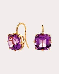 Suspended from classic French wire posts, these 18-karat gold earrings feature cushion-cut amethyst drops. From Syna Jewels’ Geometrix Collection, a deep dive into the unique symmetry that forms the building blocks of the world. French wire posts 18k yellow gold and amethyst Carat: 8 ctw Polish with soft cloth Stones sourced from India Made in Thailand Measurements Width: 0.4in Length: 0.7in Cushion Cut Earrings, Cushion Earrings, Gold Cushions, Amethyst Purple, French Wire, Amethyst Earrings, Rock Crystal, Amethyst Gemstone, Jewelry Designs