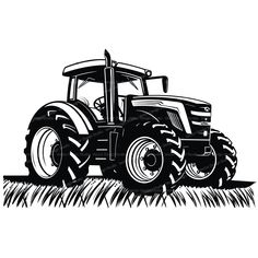 a black and white drawing of a tractor on the field with grass in front of it