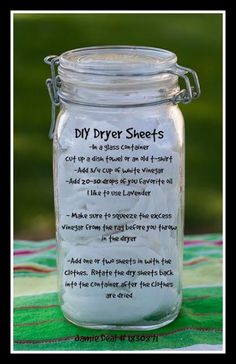 a mason jar filled with diy dryer sheets