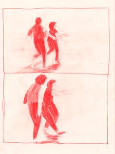 two drawings of people walking on the beach, one in red and one in white