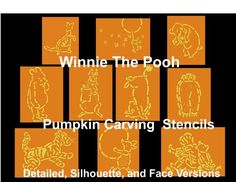 winnie the pooh pumpkin carving stencils displayed on an orange and black background