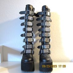 Demonia Trinity Platform Black Knee-High Boots. 5.5 Platform Heel. 3.5" Platform. Gently Used. Size 6. All Order Ship Within 1-3 Business Days. Smoke Free. Pet Free Home. #Matrix #Demonia #Trinity #Platforms #Winter #Ootd #Halloweenfit #Halloween #Edwardscissorhands #Vincentprice Demonia Trinity Boots, Trinity Boots, Shoes Demonia, Demonia Boots, Winter Ootd, Demonia Shoes, Vincent Price, Black Knee High Boots, Black Knees