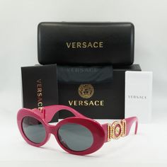 Fully Discounted. Buy Now Only, No Offers Accepted Retail $ 3 9 6 Brand New // Authenticity Guaranteed Picture On Model Is For The Reference Model: Ve4426bu 536787 Sunglasses Frame Color: Fuchsia Lens Color: Dark Grey Material: Acetate Size: 54 - 18 - 145 For: Women Style: Oval Polarized: No Made In: Italy Rx-Able: Yes 100% Uv Protection Original Versace Retail Packaging Included: Box, Case, Cloth, Papers (See Pics). Shipping From Nyc Every Business Day Follow Our Store Showroom For More Amazing Luxury Pink Sunglasses With Uva Protection, Pink Tinted Sunglasses For Formal Occasions, Formal Pink Tinted Sunglasses, Designer Pink Tinted Sunglasses, Luxury Pink Sunglasses With Uv Protection, Luxury Pink Sunglasses With Gradient Lenses, Pink Luxury Sunglasses With Gradient Lenses, Versace Pink, Square Logo