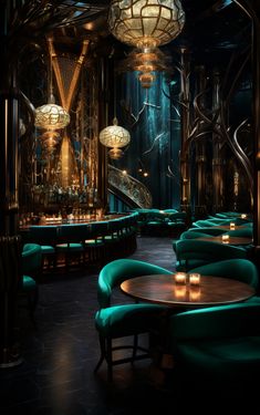 the interior of a fancy restaurant with green velvet booths and gold chandeliers hanging from the ceiling