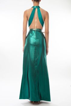 Description Dark Green Column, Long dress Sleeveless Open neckline Silk, Tulle Dry Clean Made in Lebanon DC-12 Pre-draped Silk Evening Dress With Pleated Back, Pre-draped Silk Chiffon Evening Dress For Gala, Pre-draped Evening Dress With Pleated Back For Party, Silk Backless Pre-draped Dress, Backless Party Dress With Pleated Back, Pleated Sleeveless Pre-draped Evening Dress, Sleeveless Pre-draped Cocktail Gown, Formal Pre-draped Backless Evening Dress, Green Evening Dress With Pleated Fitted Bodice