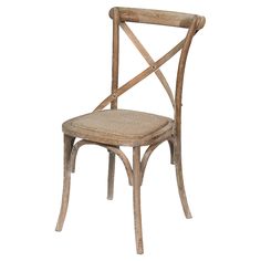 a wooden chair with a cross back and wicker seat pad on the bottom, against a white background