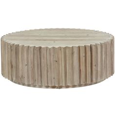 a round wooden table made out of wood planks on an isolated white background with no people around it