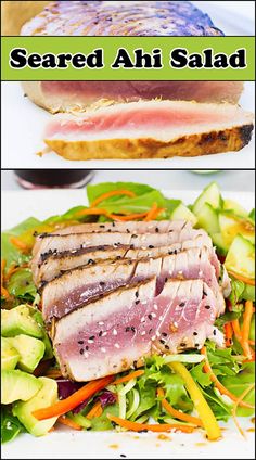 there are two different pictures of food on the same plate, one with meat and another with salad