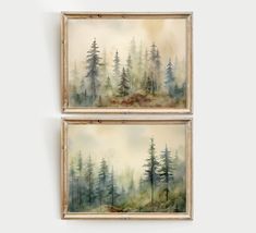 two framed paintings depicting trees in the woods