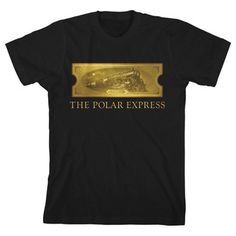 Show some holiday spirit with this Polar Express tee. The shirt features an image of a golden ticket above golden letters that spell out the movie’s title. The tee comes in a black short sleeve crew neck. Polar Express fans will love this comfy cotton tee. Gold Short Sleeve T-shirt With Direct Printing, Gold Short Sleeve T-shirt With Text Print, Gold Graphic Tee With Letter Print, Polar Express Golden Ticket, Polar Express Tickets, Polar Express Theme, Polar Express Movie, Golden Ticket, Costume Themes