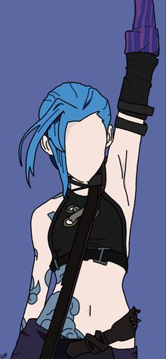 a woman with blue hair holding up her arm