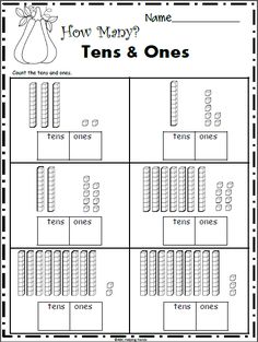 the worksheet for how many tens and ones? is shown in black and white