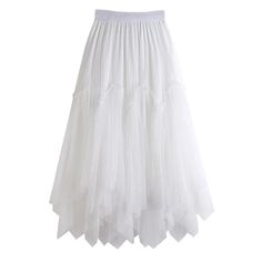 Style: Irregular Long Tulle Mesh Skirts Length: Mid-CalfFit Type: Loose FitSilhouette: AsymmetricalWaistline: Empire Elasticity: Slight Pattern Type: SolidMaterial: Mesh Summer Wedding Skirt With Stretch, Sheer Tulle Summer Skirt, White Tulle Bottoms For Summer, Stretch Tulle Maxi Skirt For Spring, Summer Party Skirt With High-low Hem, White Handkerchief Hem Skirt For Summer, Summer Party Stretch Petticoat, Flowy Handkerchief Hem Party Skirt, Flowy Handkerchief Hem Skirt For Party