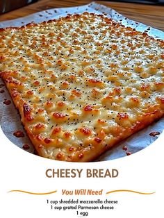 there is a cheesy bread on the table with words above it that read, you will need 1 cup shredded mozzarella cheese