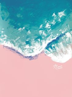 an aerial view of the ocean with pink sand and blue water in the foreground